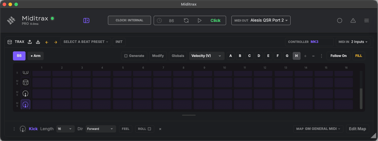 The Miditrax window, with MIDI Out, the map and the CONTROLLER box marked 1, 2 and 3