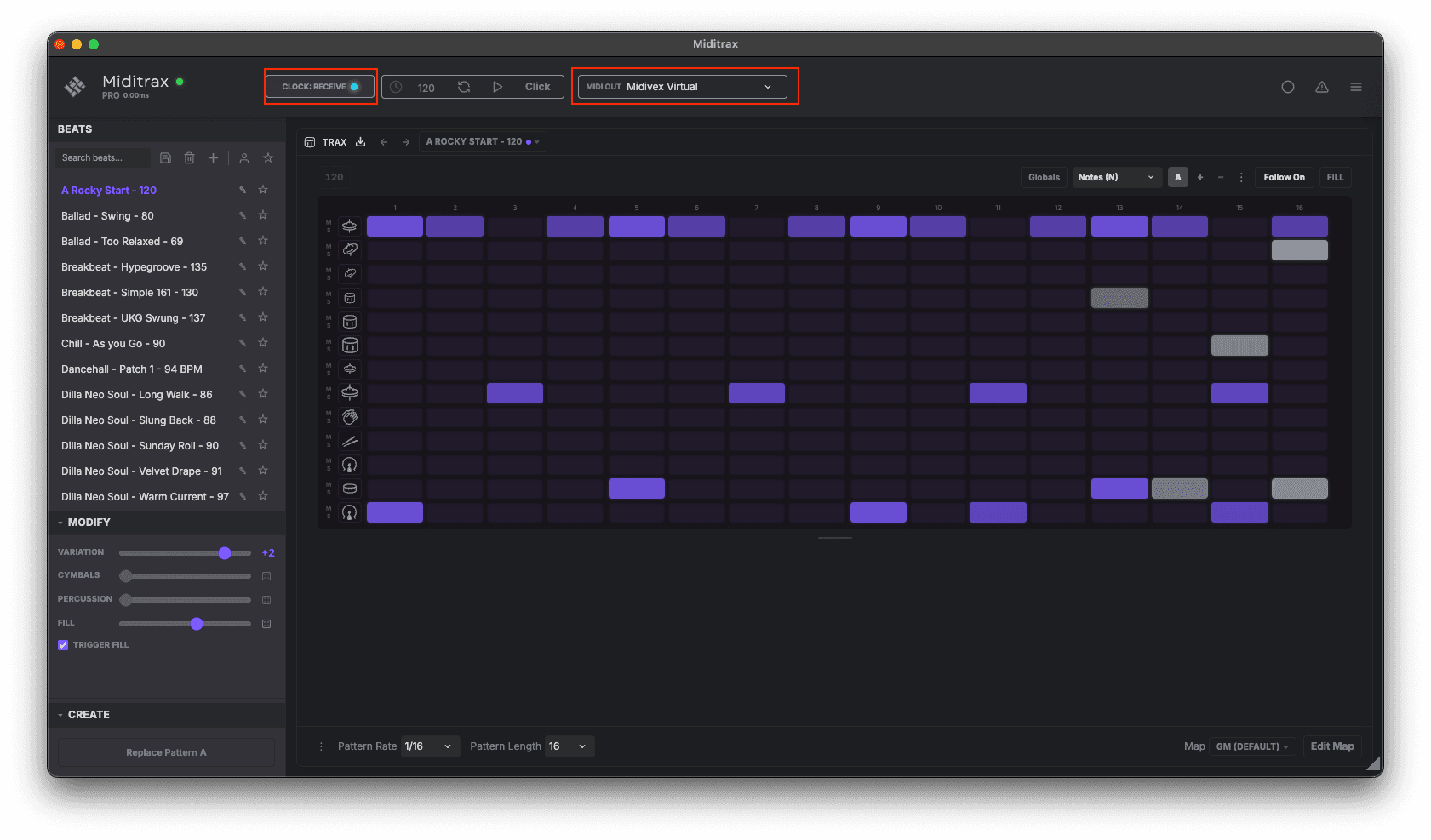 Miditrax toolbar with MIDI Out set to Midivex Virtual and Clock set to Receive