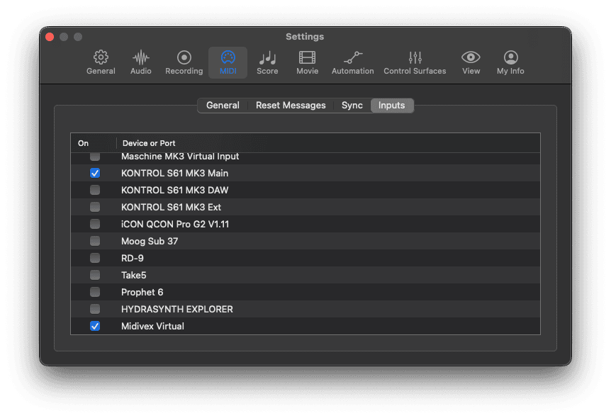 Logic Pro MIDI settings Inputs tab with Midivex Virtual enabled