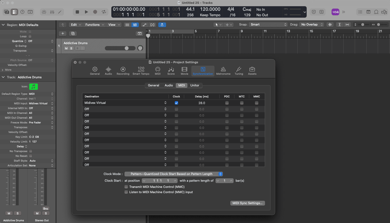 Logic Pro Project Settings Synchronization panel with the MIDI clock destination enabled for Midivex Virtual