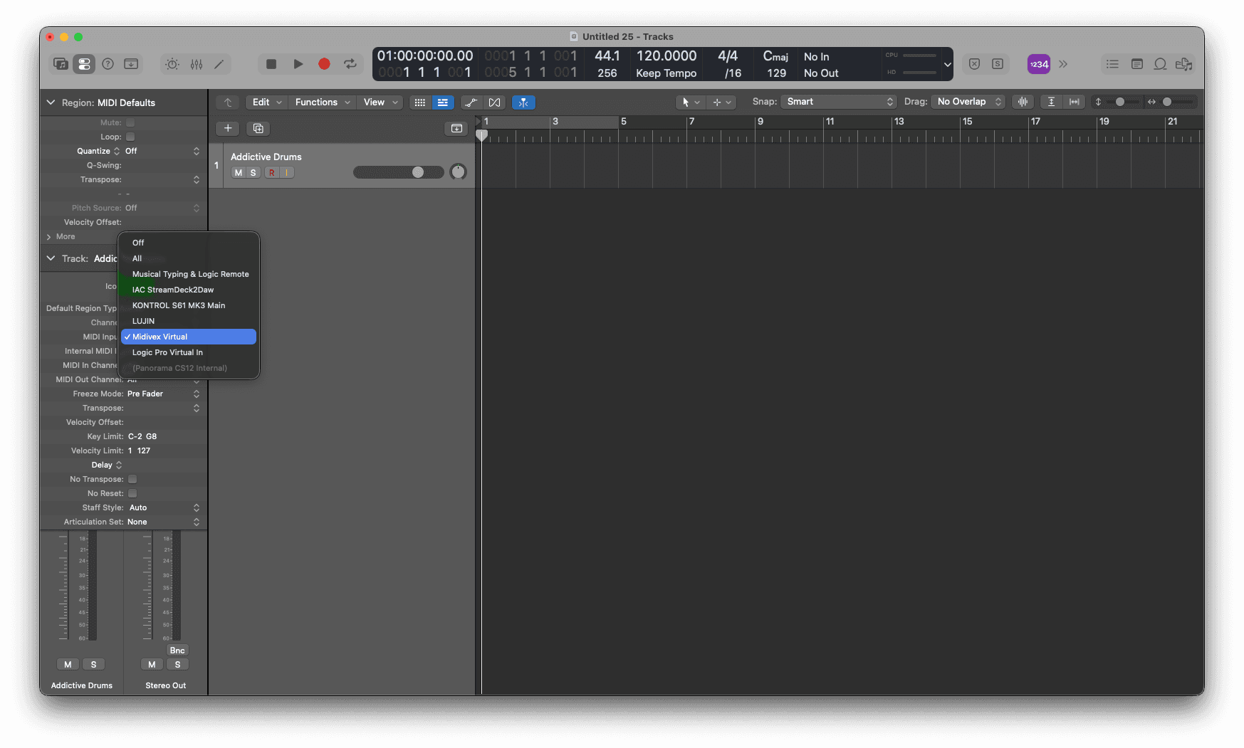 Logic Pro track inspector with the MIDI input set to Midivex Virtual