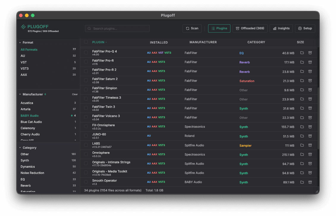 Plugoff DAW Plugin Manager — main view