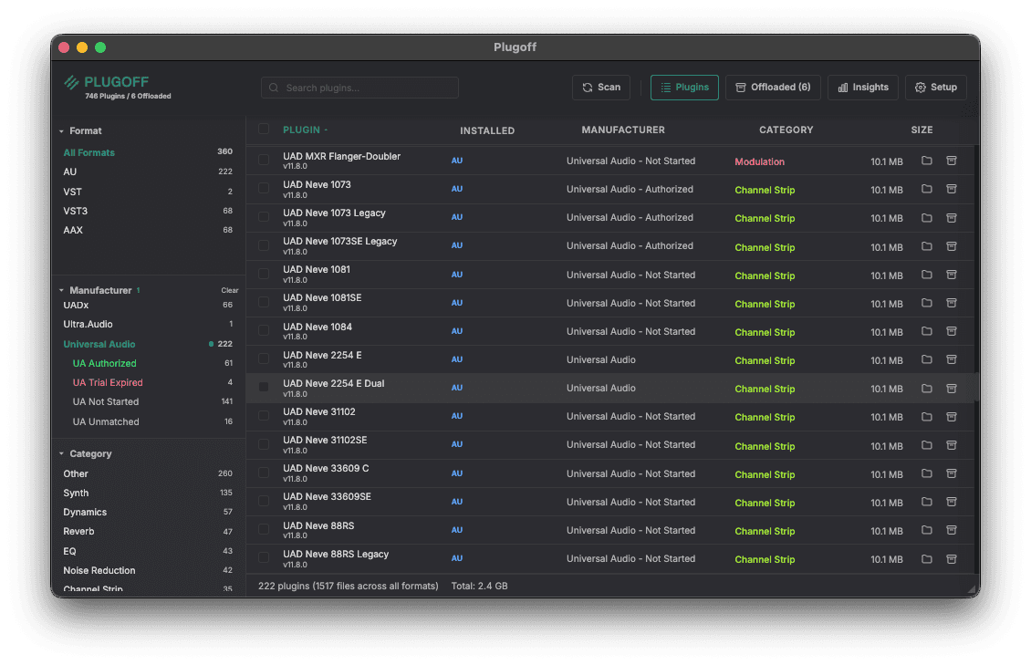 Plugoff Universal Audio plugin categories