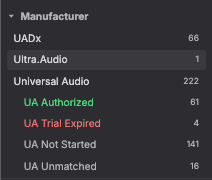 UAD license categories: Authorized, Trial Expired, Not Started, Unmatched