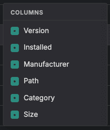 Column picker dropdown with checkboxes for each column