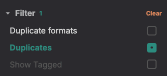 Plugoff sidebar with the Duplicate formats and Duplicates filters