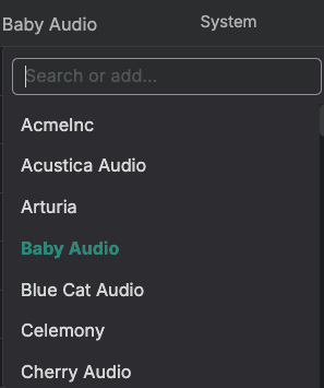 Manufacturer picker open on a plugin, with a search field and a custom manufacturer option