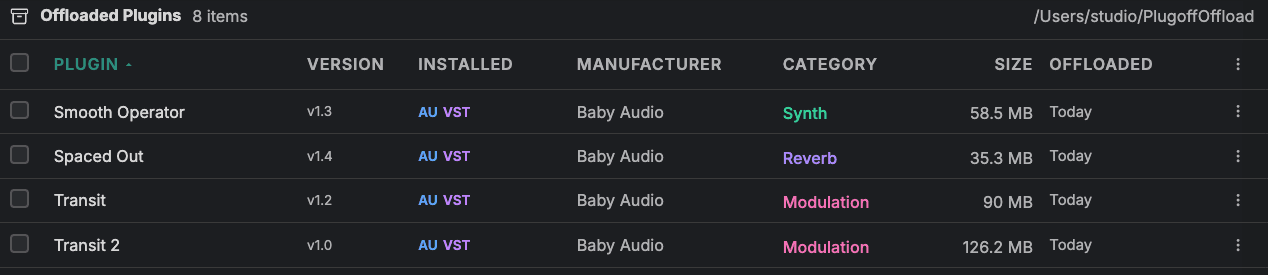 Offloaded plugins list with an Offloaded column showing when each plugin was offloaded