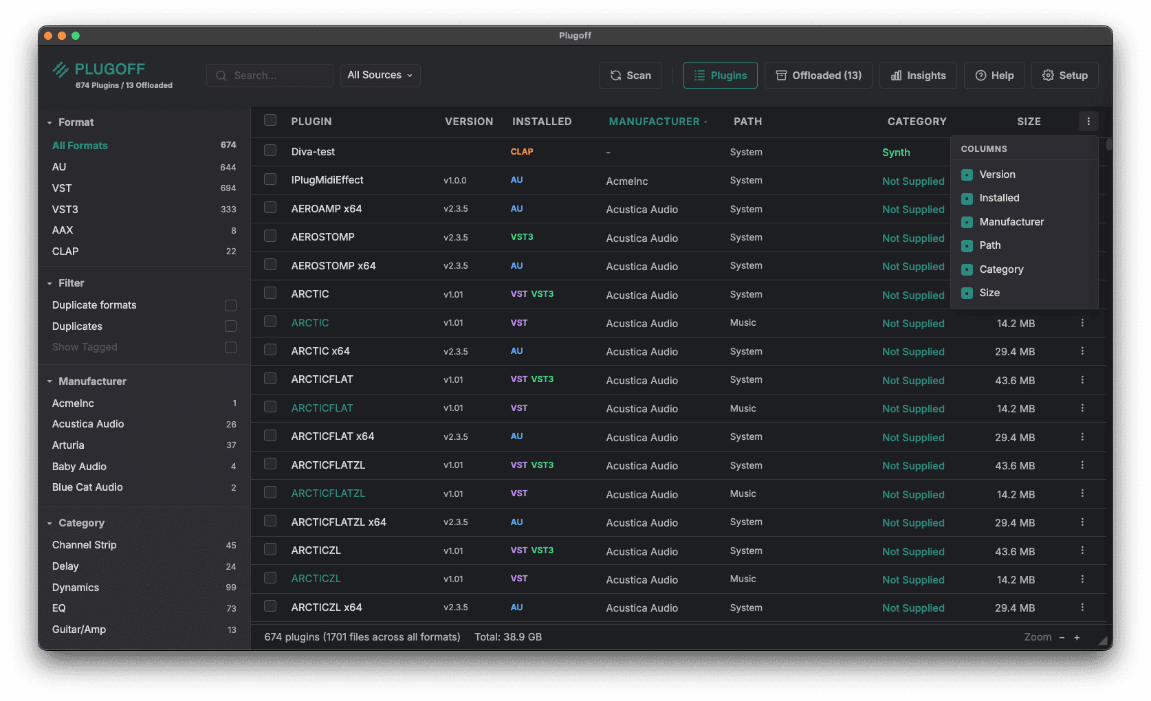 Plugoff plugins view with the path column and column picker