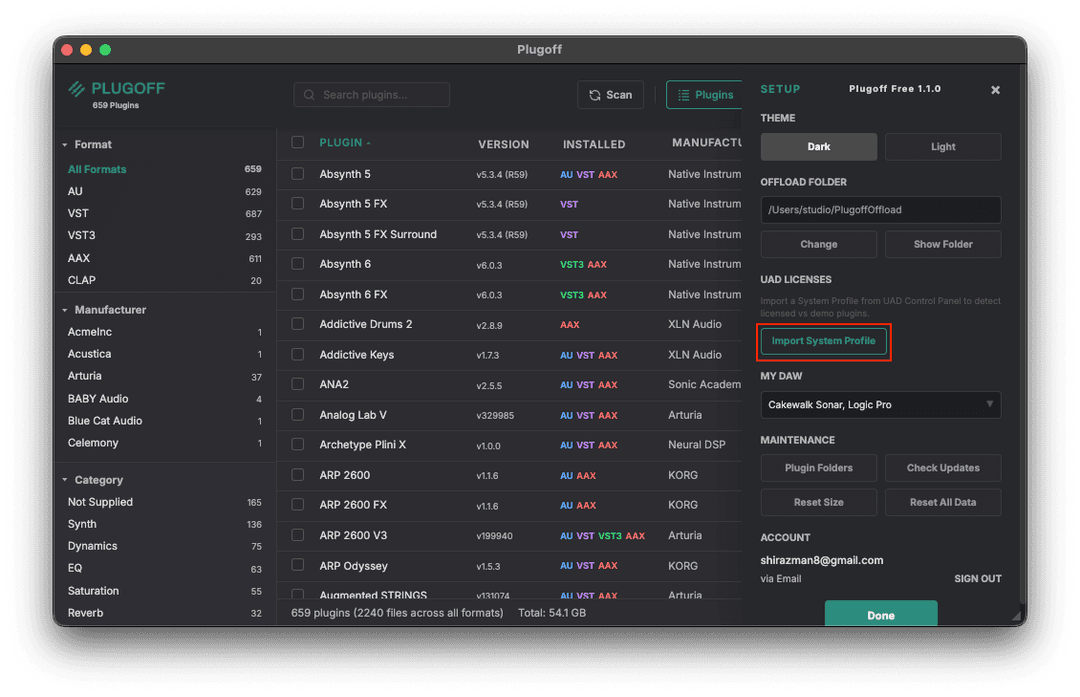 Plugoff sidebar showing the Import System Profile button highlighted