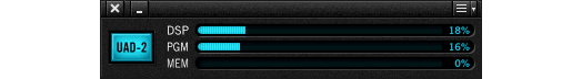 UAD-2 Control Panel showing DSP, PGM, and MEM usage meters