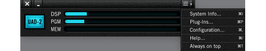 UAD Control Panel dropdown menu with System Info option