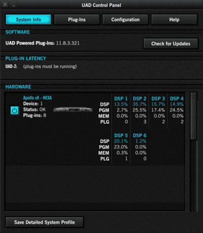 UAD System Info tab with Save Detailed System Profile button