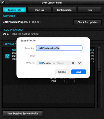 Save file dialog for UAD System Profile